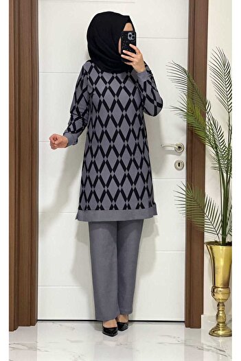 modasura New Season Plus Size - 2111 K 75 Gray Tunic and Trousers Set