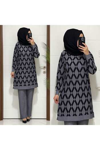 modasura New Season Plus Size - 2111 K 75 Gray Tunic and Trousers Set