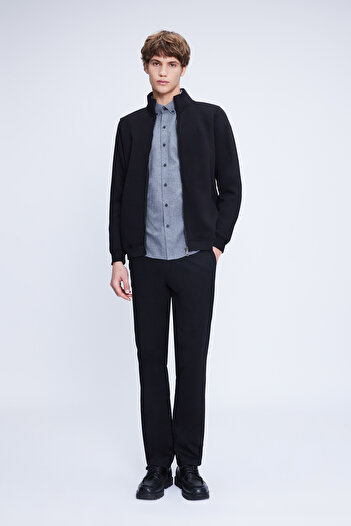 Hatemoğlu Black Regular Fit Plain Cotton Full Length Zip-Up Sweatshirt