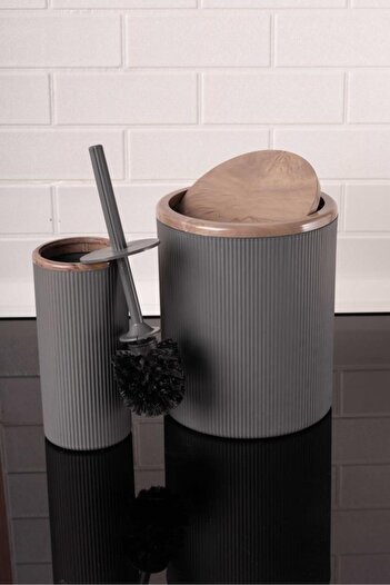 Flora Lüks Mermer Desenli Çizgili Banyo Seti - 5’li Banyo Set Gri