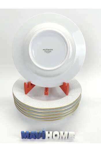 Kütahya Porselen Azalea Series - 21 cm White, Gold Gilt Dinner Plate, Set of 6