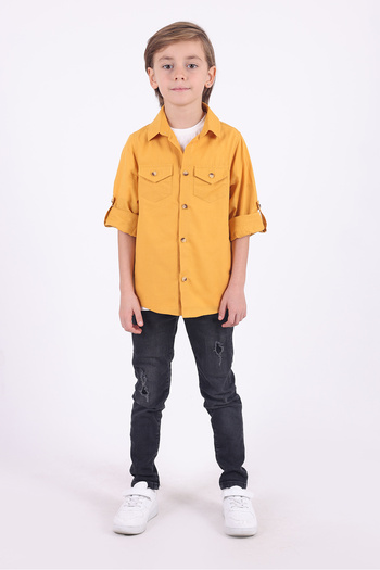 Pollito Boy's 2-Pocket Cotton Mustard Shirt T-Shirt Set of 2