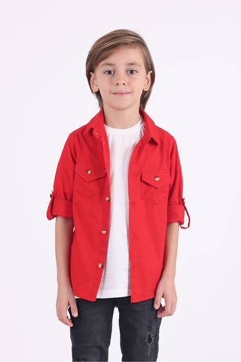 Pollito Boy's 2-Pocket Cotton Red Shirt T-Shirt Set