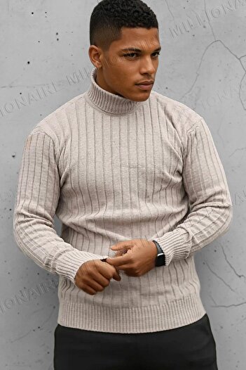 Millionaire Men's Stone Color Turtleneck Winter Knitwear Sweater