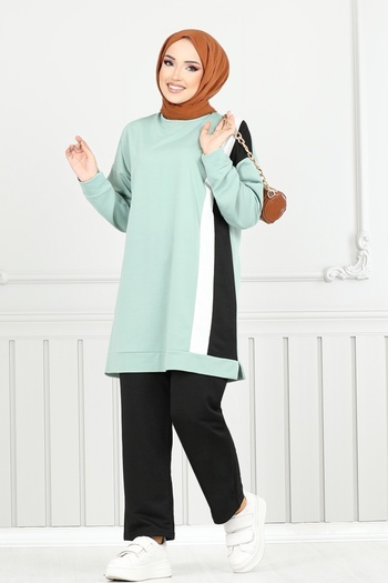 ModaMerve Sliver Detailed Hijab Set 9114Pl940-M Mint&Black
