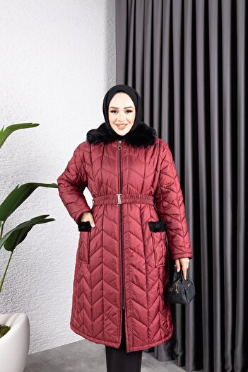 HARMAN BUTİK Women's Pocket Collar Fur Quilted Coat