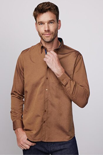 Tudors Men's Regular Fit Classic Cut Cotton Oxford Texture Brown Button Lapel Shirt