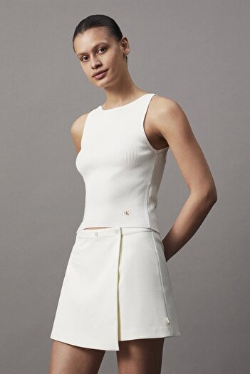 Calvin Klein White Mini Skirt - Regular Waist, Smooth Fabric, Button J20J 224863 -Ybi