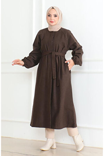 sefamerve Brown Stamp Coat - Hidden Placket and Belt 0504-05