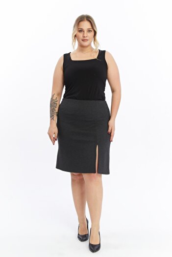 Seamoda Large Size Steel Interlock Slit Knitted Skirt-Anthracite