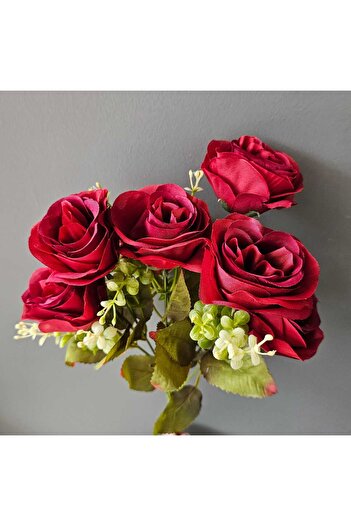 YAPAY ÇİÇEK DERYASI 7 Heads Boxwood Arrangement Red Rose Bunch Bouquet Rose Vase Flower Pot Decor Arrangement Flower