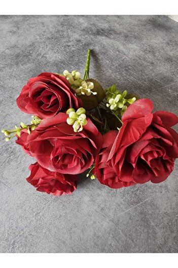 YAPAY ÇİÇEK DERYASI 7 Heads Boxwood Arrangement Red Rose Bunch Bouquet Rose Vase Flower Pot Decor Arrangement Flower