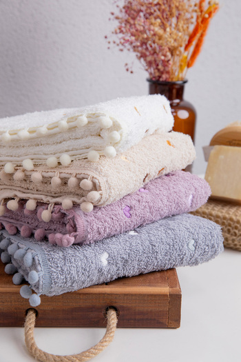 FAVORA Yoncagül Pompom 4-Piece Hand Face Towel - Cream - Gray