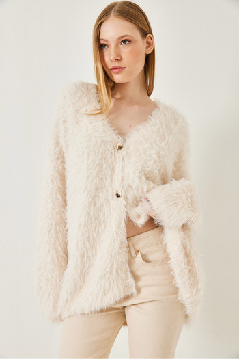 Bianco Lucci Women's V-Neck Buttoned Soft Bearded Knitwear Cardigan 241149 60261298