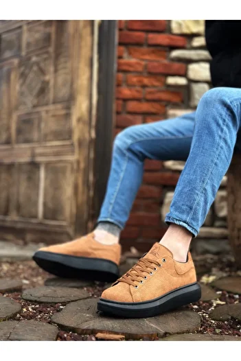 BOA BA0547 BOA Thick High Sole Tan Black Suede Lace-Up Sports Men's Shoes