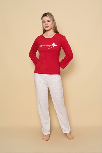 CALİA Women's Combed Cotton Crew Neck Beige Color Long Sleeve Pajama Set