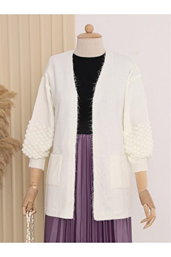 Modamorfo Balloon Sleeve Pompom Pocket Cardigan
