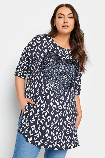 Stil Diva Plus Size Sequin Embroidered Slit Crew Neck Blouse -303078
