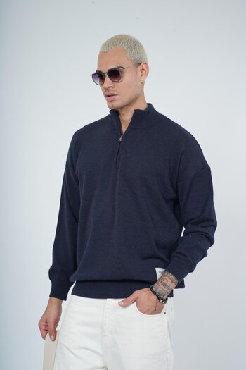 king brich Men's Oversize Knitwear Sweater with Stand Collar Half Zipper
