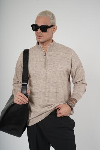 king brich Men's Oversize Knitwear Sweater with Stand Collar Half Zipper