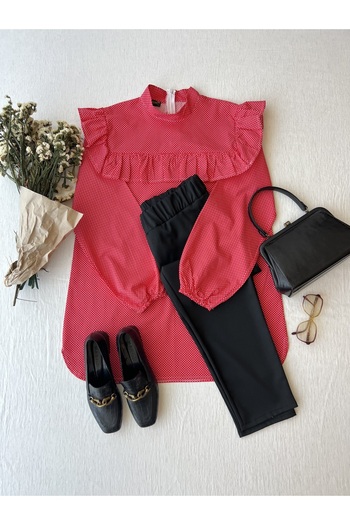 KÜÇÜĞÜM BUTİK Red Polka Dot Frilly Poplin Tunic
