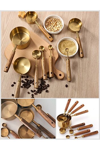 MİS KİTCHEN Set of 8 Wooden Handle Stainless Steel Gold Luxury Measuring Spoons - Spice Spoon Set
