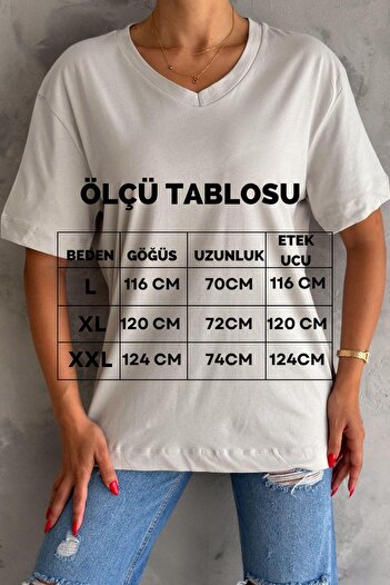 İstangül Butik Oversize Βαμβακερό T-shirt με V Λαιμό