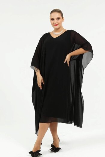 Zer Otantik Plus Size Black Chiffon Evening Dress with Cape Kl8066