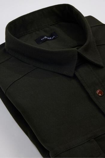 Tudors Men's Big Size Large Size Oversized Oversized Long Sleeve Denim Jeans Wash Double Pocket Dobby Khaki Shirt
