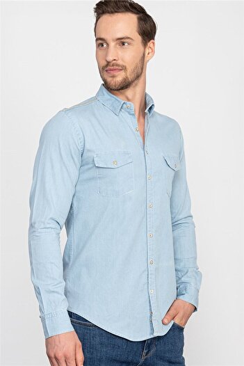 Tudors Slim Fit Uzun Kollu Dar Kesim Çift Cep Unisex Mavi Gömlek