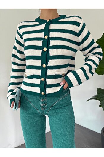 Modamorfo Emerald Round Neck Striped and Pocket Detailed Cardigan