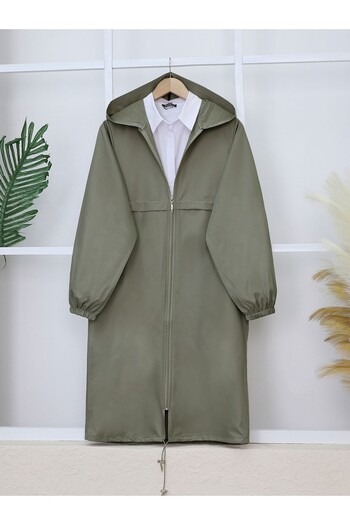 Modamorfo Tall Zippered Hooded Long Raincoat -Khaki