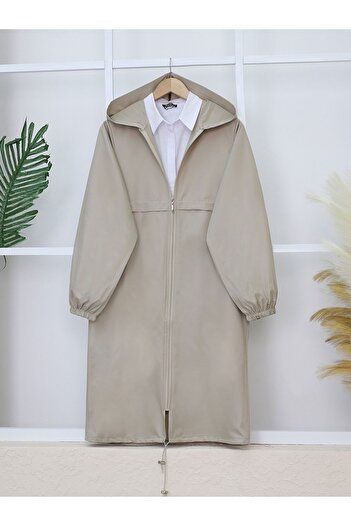 Modamorfo Tall Zippered Hooded Long Raincoat -Stone