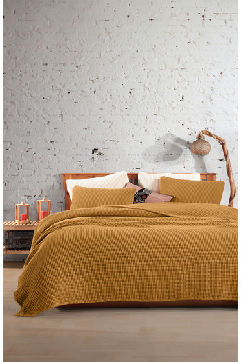 destinyhometex Caramel 100% Cotton Waffle Double Bedspread Without Fringe 230X250/2 Pillowcases 50X70Cm