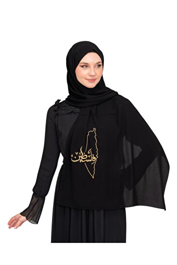 Zaytoon Palestine Map Embroidery Black Polyester Shawl - Gold Lettering S 100026