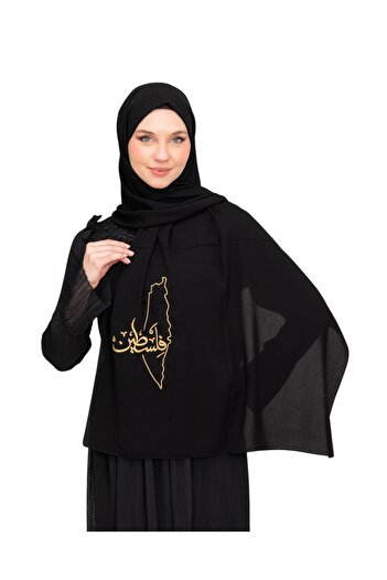 Zaytoon Palestine Map Embroidery Black Polyester Shawl - Gold Lettering S 100026