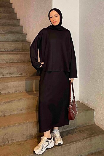 lamelif Black Crystal Skirt Suit
