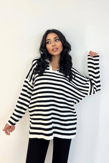 Mossta White Striped Polo Neck Oversize Sweater