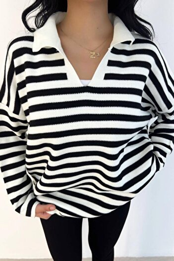 Mossta White Striped Polo Neck Oversize Sweater