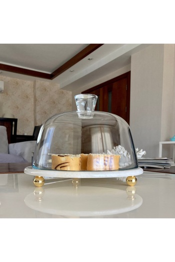 Akayev Marble 25 Cm White Glass Bell Jar with Gold Bead Legs