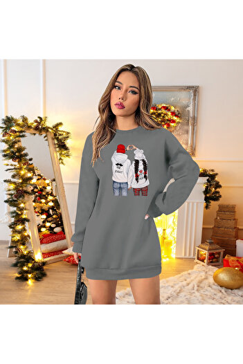 buğrahayalin Women's Long Sleeve Crew Neck Print Viscose Two Thread Dress