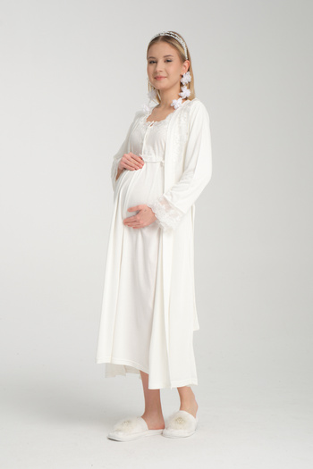 Effort Pijama Copy - Maternity Effort Maternity Ecru Long Sleeve Nightgown and Dressing Gown Set