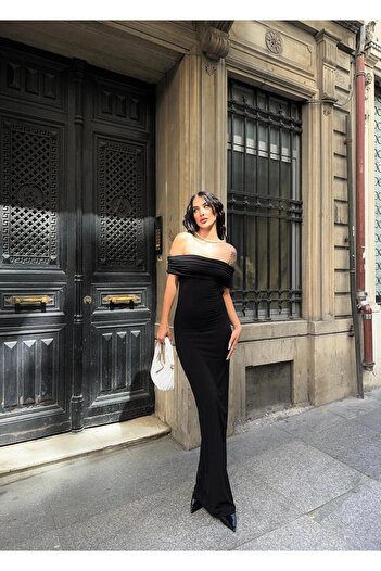 Bak'ap Madonna Collar Long Black Dress with Low Back