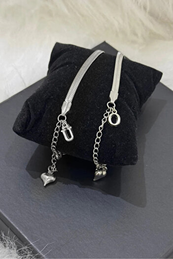 The Collection Unisex 2-Pack Stainless Steel Letter Flat Chain Bracelet - Lover & Dating Bracelet