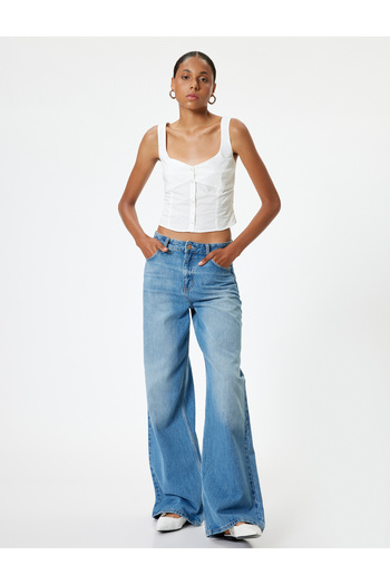 Koton Poplin Crop Tank Top - Thick Strap, Buttoned, V-Neck, Slim Fit