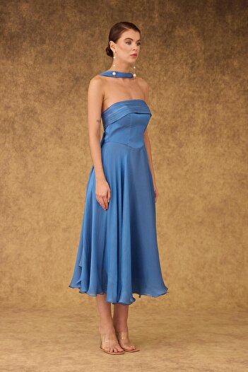 Carmen Indigo Strapless Wrap Satin Evening Dress