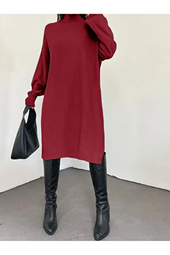 Modamorfo Slit Half-Neck Ribbed Knitwear Tunic -Red