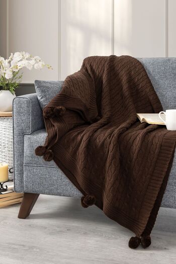 Sevim Brown Pompom Knitwear Tv Blanket - Armchair and Shoulder Shawl - 130X170Cm