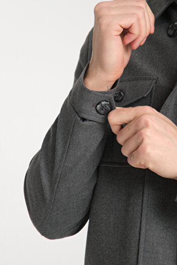 Frappoli Erkek Slim Fit Kumaş Trençkot Mont Fermuarlı-Düğmeli