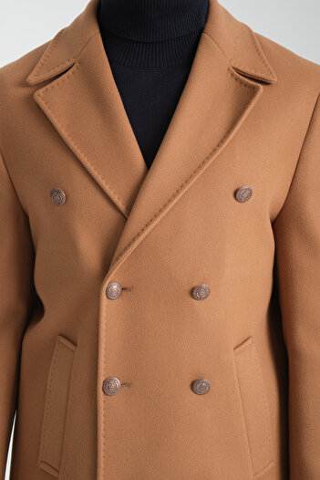 Frappoli Regular Fit Double Breasted Metal Button Detailed Cashmere Coat